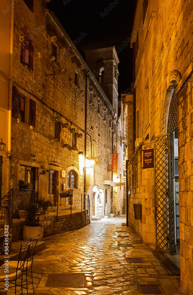 street in the town at night in Kotor, Montenegro