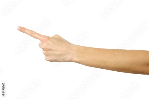 Pointing left. Woman hand gesturing isolated on white