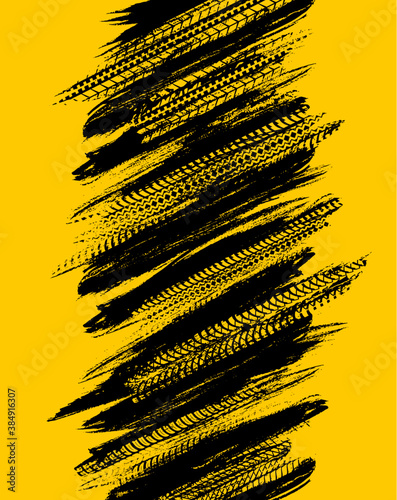 Offroad grunge tyre prints, vector abstract black pattern on yellow background for automobile service or racing tournament design. Rally, motocross dirty tires print, off road grungy trails texture