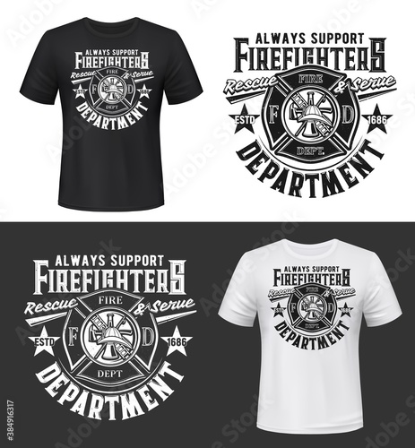 Tshirt print with firefighters helmet, ax, ladder and water tower, vector apparel mockup. Fire department rescue team, emergency service black and white t shirt print design isolated label or emblem