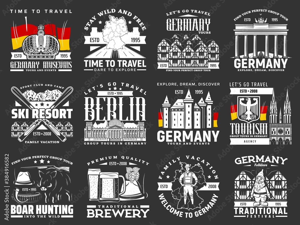 Germany travel icons, Berlin landmarks and German map, vector Europe culture city tourism, Munich Oktoberfest beer brewery festival and architecture sightseeing tours, Germany travel agency flag signs