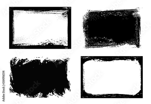 Grunge frames isolated vector black rectangular borders with rough scratched edges. Grungy vintage old texture, dirty spatter vignettes, retro design elements or photo frames on white background set