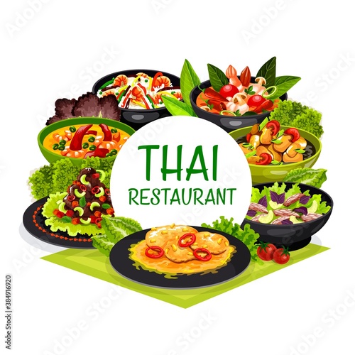 Thai cuisine vector Thailand dishes coconut milk fish soup, tom yam kung and fried shrimp rice, pork tenderloin with peanuts. Beef salad and spicy chicken pieces with cashews Asian food round frame