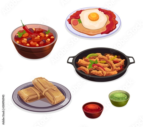 Mexican cuisine food dishes of vector grilled meat fajitas with tomato salsa and avocado guacamole sauces. Bean soup, fried egg on corn tortilla huevos rancheros, fruit tamale wrapped dessert