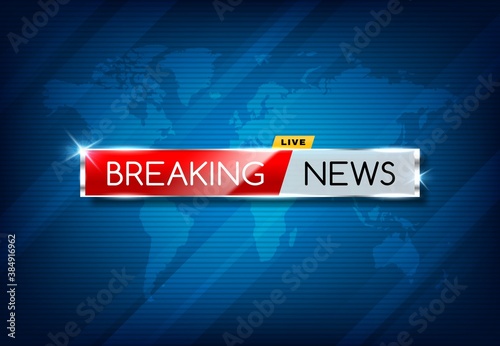 Breaking news TV screensaver, vector media broadcast channel publication, urgent announcement. Global event report, live news typography on sparkling metal banner at blue background with world map