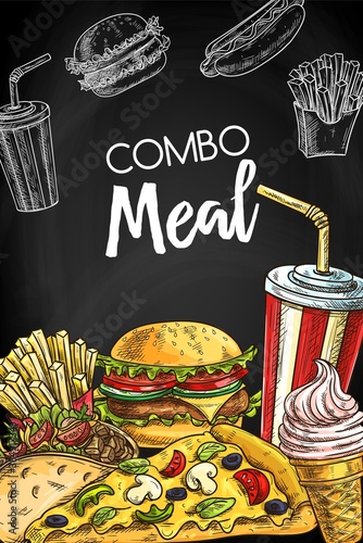 Fast food takeaways chalkboard menu cover template. Soda cup with straw, ice-cream and pizza, big hamburger and taco with cheese and tomato, french fries and hot dog burger vector. Fast food meals