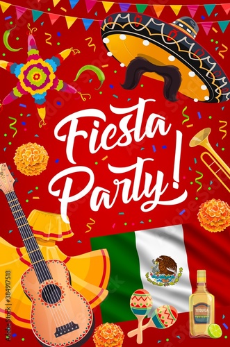 Mexican sombrero, guitar and maracas of vector fiesta party. Mexican flag, mariachi hat and trumpet, mustache, pinata and tequila, jalapeno, lime and flag bunting garlands, greeting card design