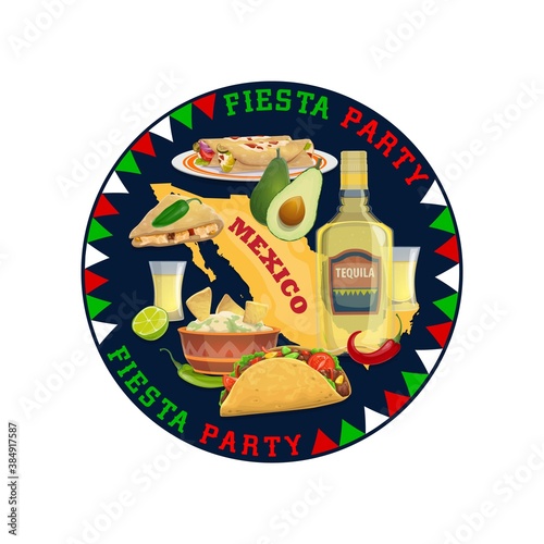 Mexican food, drink and Mexico map, fiesta party vector design. Taco, burrito and corn tortilla quesadilla, red chilli peppers, guacamole and tequila, jalapeno, avocado and lime, greeting card