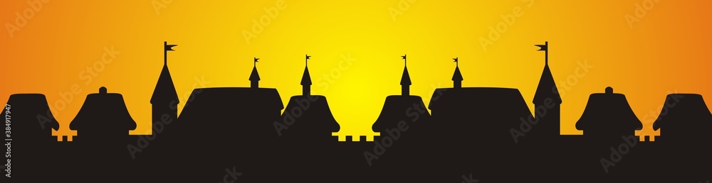 City with walls at sunset, vector illustration