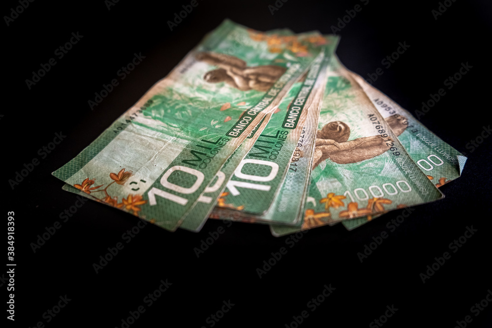 Close up view of the Costa Rica currency CSC 10 000 Colones money