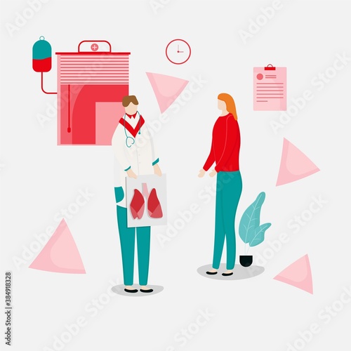 Lungs health check flat illustration. Doctor checking the lungs for Tests are performed. Lung cancer, trachea, and bronchus concept on white background.