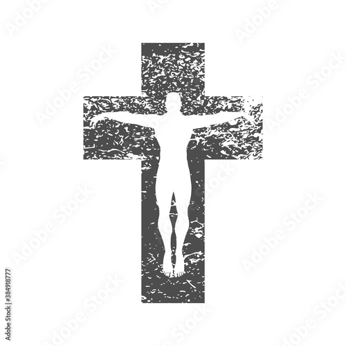 Christianity concept illustration. Man hanging on the cross. Grunge texture