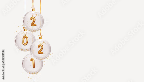 Happy New Year 2021. Golden metal number in glass bauble, Christmas decoration. Realistic 3d render metallic sign. Celebrate party 2021. Xmas Poster, banner, cover card, brochure, flyer, layout design