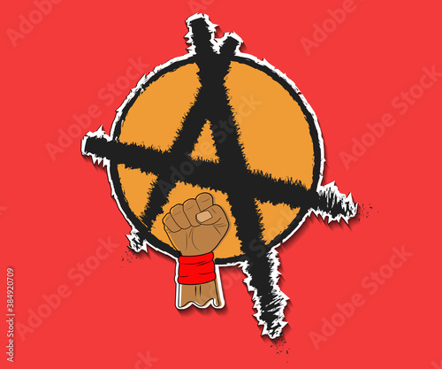 Symbol of fist with anarchy symbol background, isolated on red background.