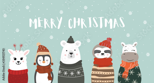 Set of cute winter smiling animals with snowflakes. Cartoon zoo. Vector illustration. Posters for the design of children products in scandinavian style. Merry Christmas.
