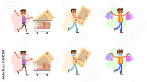 Hombre comprador (con y sin tapabocas) en temporada de descuentos y promociones, Black Friday