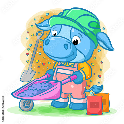 The cow is pulling the pink wheelbarrow