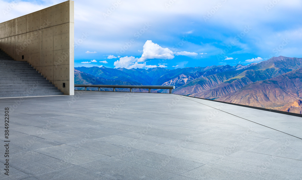 Obraz premium Empty square floor and mountain with sky clouds landscape.