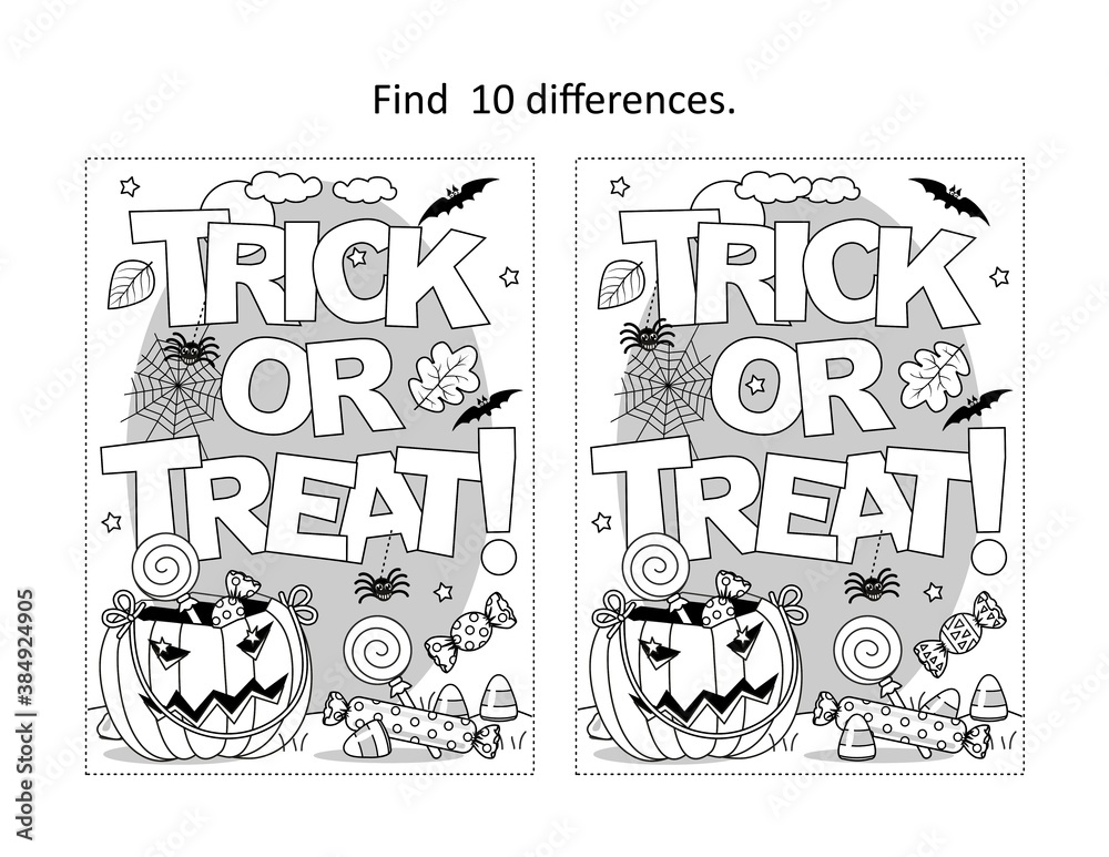 Find 10 differences visual puzzle and coloring page with Halloween "Trick or treat!" text
 - obrazy, fototapety, plakaty 