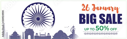 Vector banner of Republic day Big Sale  upto 50  off  26 january  national holiday of India  ashoka chakra and Indian monuments in background  offer banner template for website.