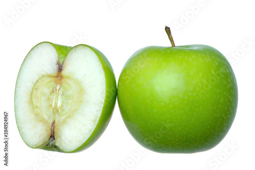 a whole fresh green apple with another half in white background