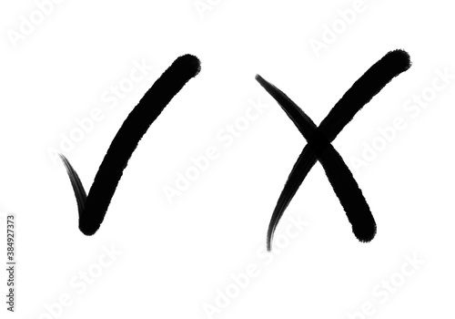 Check mark or tick and cross signs in black handwriting on white background for signs on page and making a choice yes or no and right or wrong concept