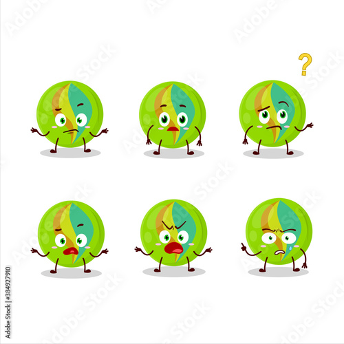 Cartoon character of green marbles with what expression