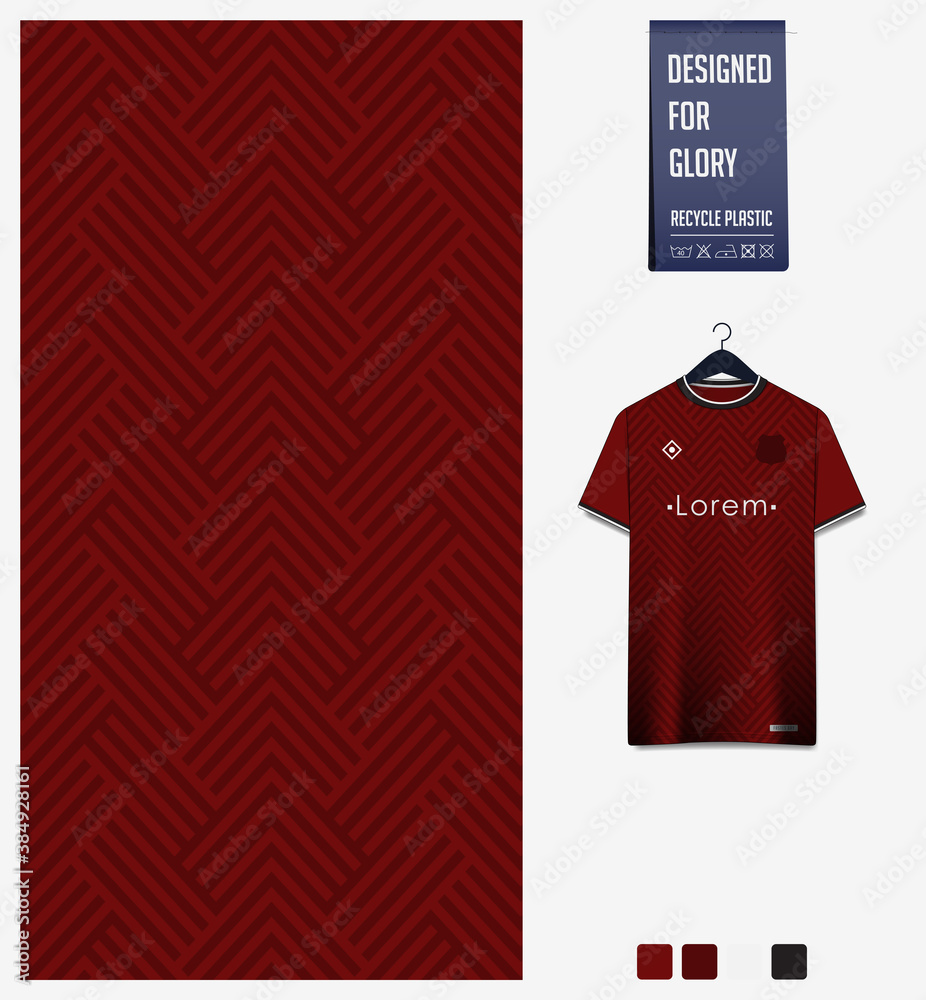 Fabric pattern design. Geometry pattern on red background for soccer jersey, football kit, bicycle, e-sport, basketball, sports uniform, t-shirt mockup template. Abstract sport background. 