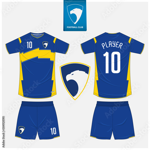 Soccer jersey or football kit mockup template design for sport club. Football t-shirt sport, shorts mockup. Soccer uniform in front view, back view. Eagle logo in flat design.