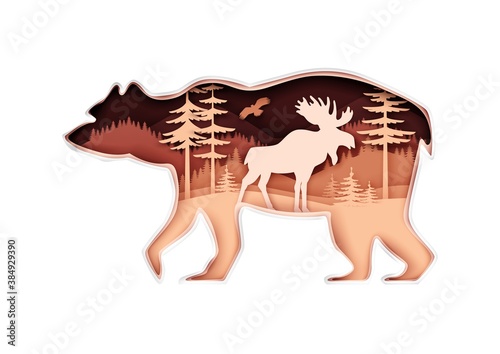 Large bear silhouette with forest nature landscape, bird and elk inside, vector illustration in paper art style. Beauty of nature. Save animals, protect wildlife. Travel, trekking. Multiple exposure.