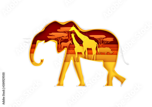 Elephant silhouette with African nature, giraffes family, rhino, zebra inside, Safari park animals, vector illustration in paper art style. Save animals, protect wildlife. Travel. Multiple exposure.
