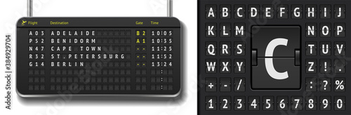 Vector airline departure board isolated. Realistic analog airport board template. Black 3d airport timetable with arrivals with flip scoreboard font