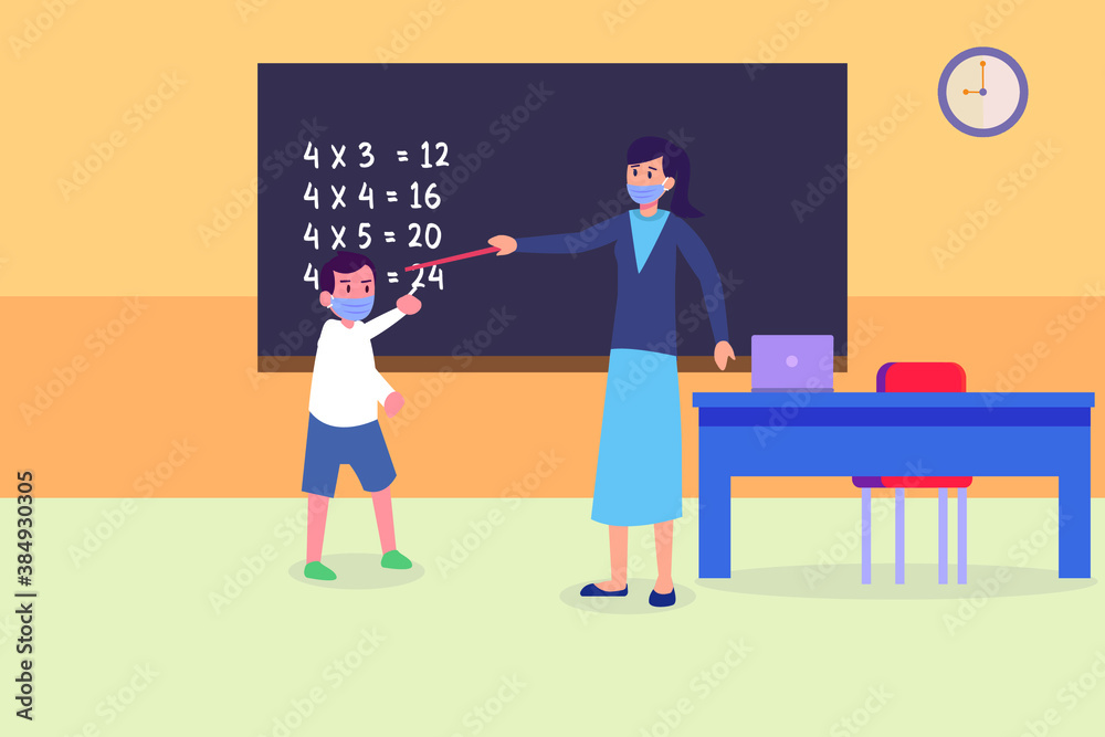 New Normal vector concept: Female teacher in mask teaching math on male student in the classroom New Normal vector concept: Female teacher in mask teaching math on male student in the classroom