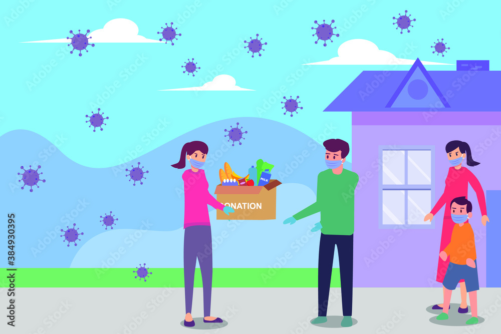 Donation vector concept: Woman wearing face mask and giving groceries cardboard with donation text to family in face mask with coronavirus background