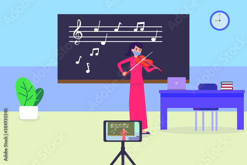 Online Education vector concept: Female music teacher in face mask teaching online by playing violin while recoding video with a mobile phone in the classroom