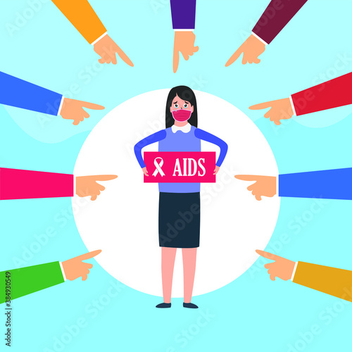World Aids Day Vector concept: Woman wearing face mask and holding Aids text bullied by the society