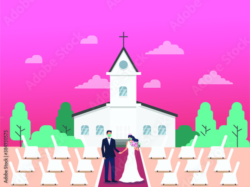 Wedding in New Normal vector concept: Bridegroom having married while wearing face mask with a pastor and empty guest chair at the church yard during new normal