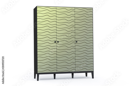 3D illustration. Black modern design wardrobe with decorative golden color 3D-facades isolated on white background. Milled facades produced on CNC. Black wavy line pattern on painted doors.