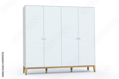 3D illustration. White modern design wardrobe isolated on white background. Solid oak wood legs. Wavy line pattern on painted facades. Scandinavian style. Milled facades produced on CNC.