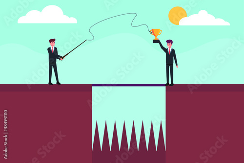 Business cheating vector concept: Cheating businessman taking a trophy from his success rival with a fishhook