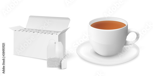 Template of white tea box with tea bag and cup realistic vector illustration.