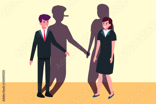 Liar business vector concept: Liar businessman with long nose shadow talking with businesswoman