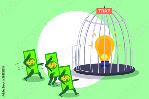 Money tap vector concept  Light bulb in the birdcage to trap money