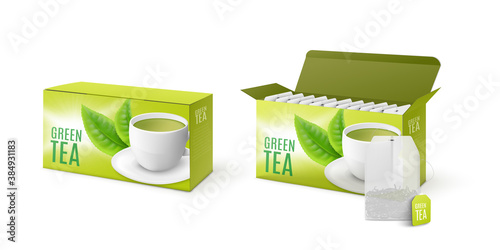 Green mint tea paper packages 3d mockup, realistic vector illustration isolated