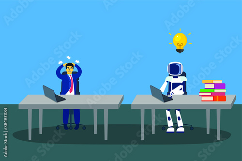 Artificial Intelligence robot vector concept: Confused businessman competing with artificial intelligence robot which has idea and solution