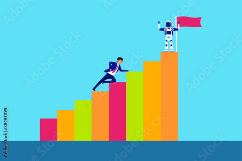 Artificial Intelligence robot vector concept: Robot beat businessman to reach the top stairs