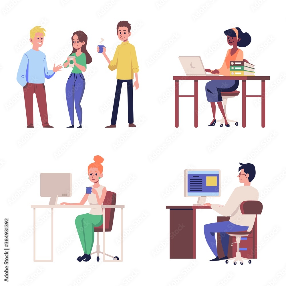 Set of business people or office workers flat vector illustration isolated.