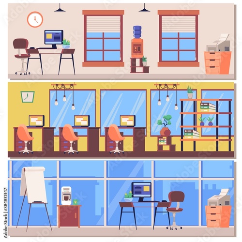 Office workplace interiors and business premises, flat vector illustrations set.