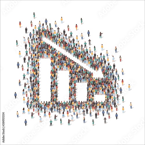 Large group of people forming falling chart sign with down arrow standing together, flat vector illustration. People crowd gathering. Business failure, financial and economic crisis.