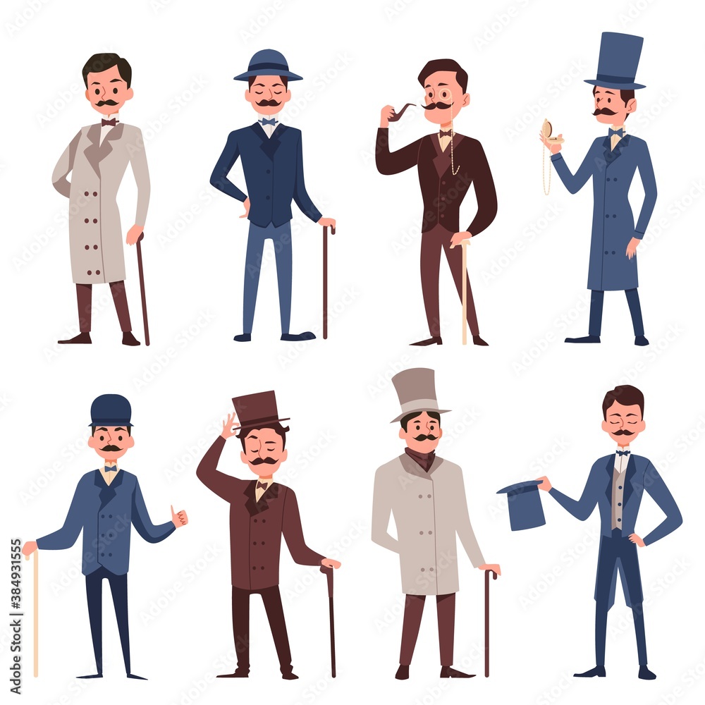 Victorian gentlemen set - cartoon men in vintage English clothing